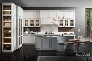 Lacquer L-shaped Kitchen Cabinet with Island PLCC21388