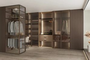 Modern Open Wood Tone Walk-in Closet - Next