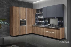 Modern L-Shaped Oak Wooden Kitchen Cabinet PLCC21413
