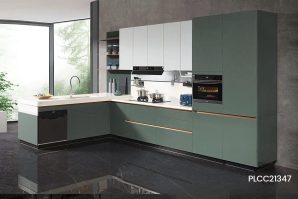 L-Shaped Green Modern Kitchen Cabinet PLCC21347