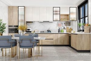 L-shaped Melamine Wood Grain Kitchen Cabinet OP20-M08