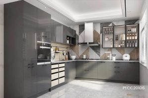 Modern Glossy Grey Kitchen Cabinet with an L-shaped Design PLCC20106