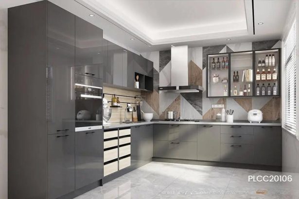 Modern Glossy Grey Kitchen Cabinet with an L-shaped Design PLCC20106