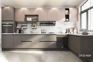 Handleless Modern Grey Melamine Kitchens With Simple Designs OP20-M04