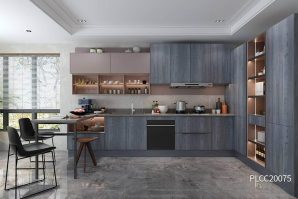 L-shaped Wood Grain Melamine Kitchen Cabinet PLCC20075