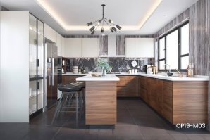 Large Wood Grain & White Melamine Kitchen With Island OP19-M03