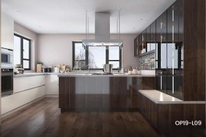 Wood Brown High Gloss UV-Lacquer Kitchen Cabinet OP19-L09