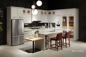 White L-Shape PVC Kitchen With Island PLCC19021