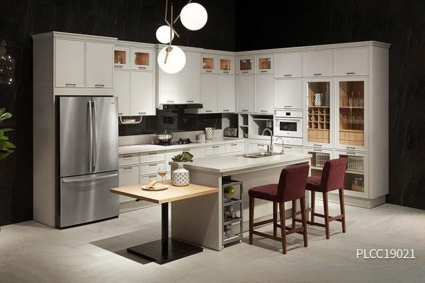 White L-Shape PVC Kitchen With Island PLCC19021