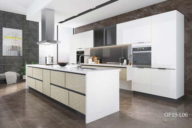 High Gloss White Lacquer Kitchen With Island OP19-L06