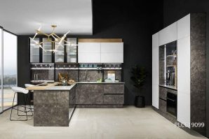 UV Lacquer Stone Effect Kitchen With Bar PLCC19099