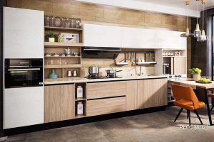 White and Wood Grain Melamine Straight-Line Kitchen PLCC18021