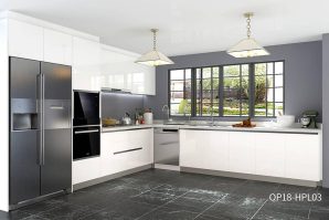 L-Shaped Laminate White Kitchen Cabinets OP18-HPL03
