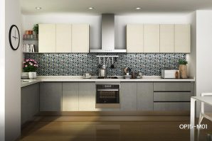 Modern Melamine Kitchen Cabinet in White & Grey Color OP15-M01