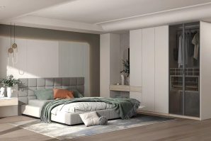 Modern Handleless Off White Wardrobe with Light Wood Accents